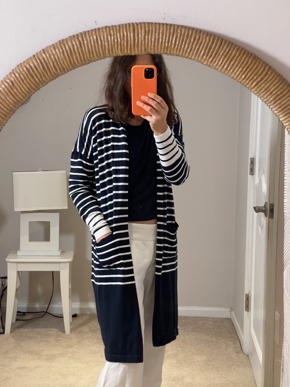 Cabi women long striped cardigan dark blue/white cotton XS